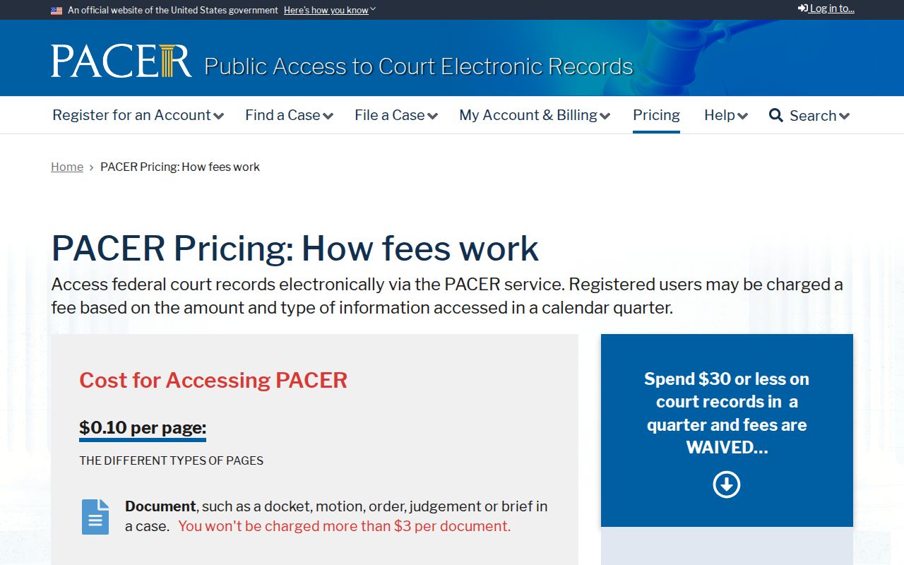 Federal court pricing related to Cherokee County criminal case records